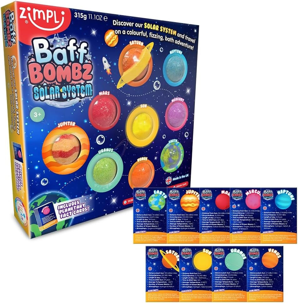 ZIMPLI - 9 x Solar System Baff Bombz, 9 x Planetary Fact Cards, Educational Planet Bath Bombs for Kids, Learning Science Kit, Xmas Gift for Boys & Girls