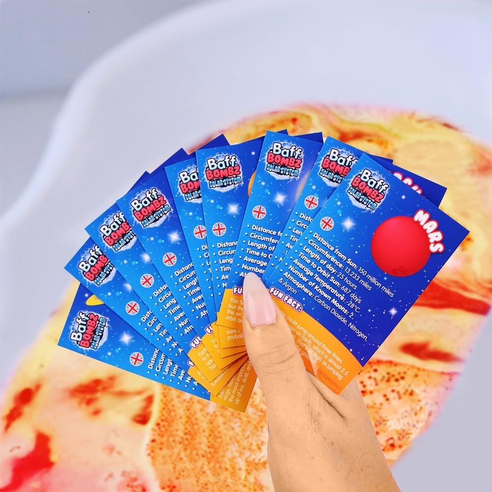 ZIMPLI - 9 x Solar System Baff Bombz, 9 x Planetary Fact Cards, Educational Planet Bath Bombs for Kids, Learning Science Kit, Xmas Gift for Boys & Girls