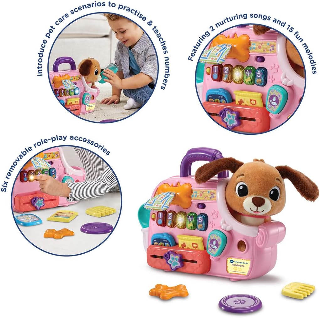 VTech Baby Cutie Puppy Carrier, Interactive Role-Play Toy with 6 Accessories, Light-up Buttons with Music, Sounds & Phrases, Gift for Babies 9, 18, 24 months +