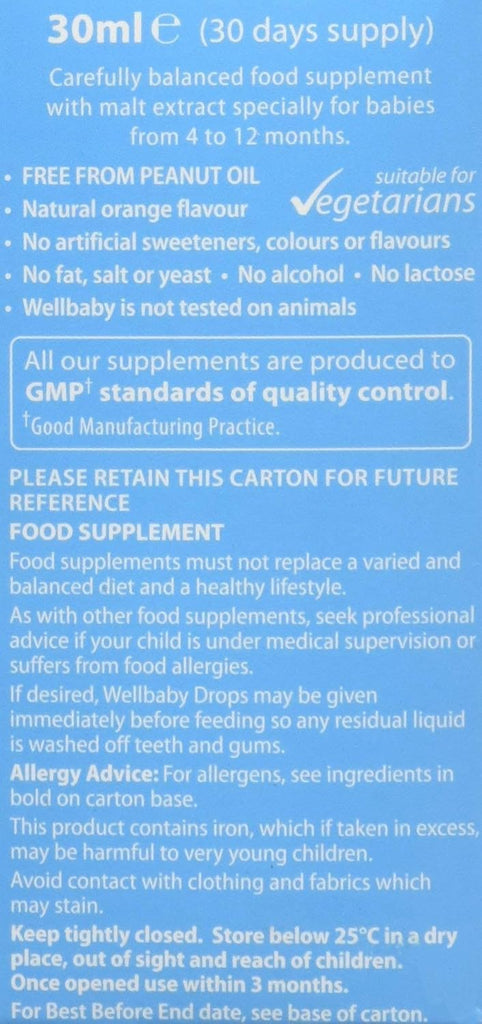 Brand Wellbaby Item for Drop Primary supplement type Vitamins A, C, D, Iron, Zinc, Folic Acid Diet type	Vegetarian Flavour	Malt About this item RECOMMENDED NUTRIENTS: Contains vitamins A, C and D – as recommended by the UK Department of Health.