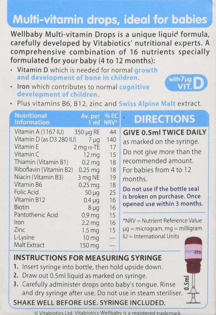 Brand Wellbaby Item for Drop Primary supplement type Vitamins A, C, D, Iron, Zinc, Folic Acid Diet type	Vegetarian Flavour	Malt About this item RECOMMENDED NUTRIENTS: Contains vitamins A, C and D – as recommended by the UK Department of Health.