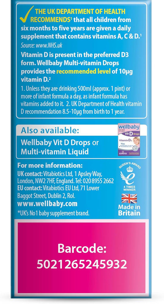 Brand Wellbaby Item for Drop Primary supplement type Vitamins A, C, D, Iron, Zinc, Folic Acid Diet type	Vegetarian Flavour	Malt About this item RECOMMENDED NUTRIENTS: Contains vitamins A, C and D – as recommended by the UK Department of Health.