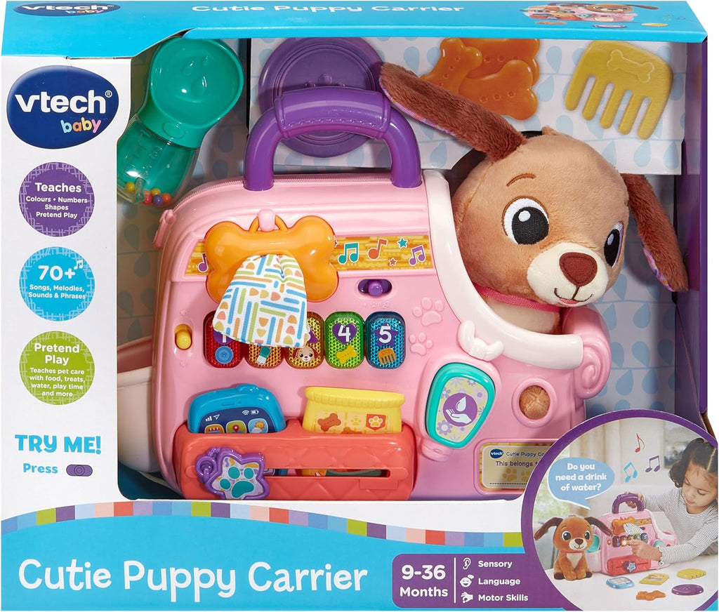 VTech Baby Cutie Puppy Carrier, Interactive Role-Play Toy with 6 Accessories, Light-up Buttons with Music, Sounds & Phrases, Gift for Babies 9, 18, 24 months +
