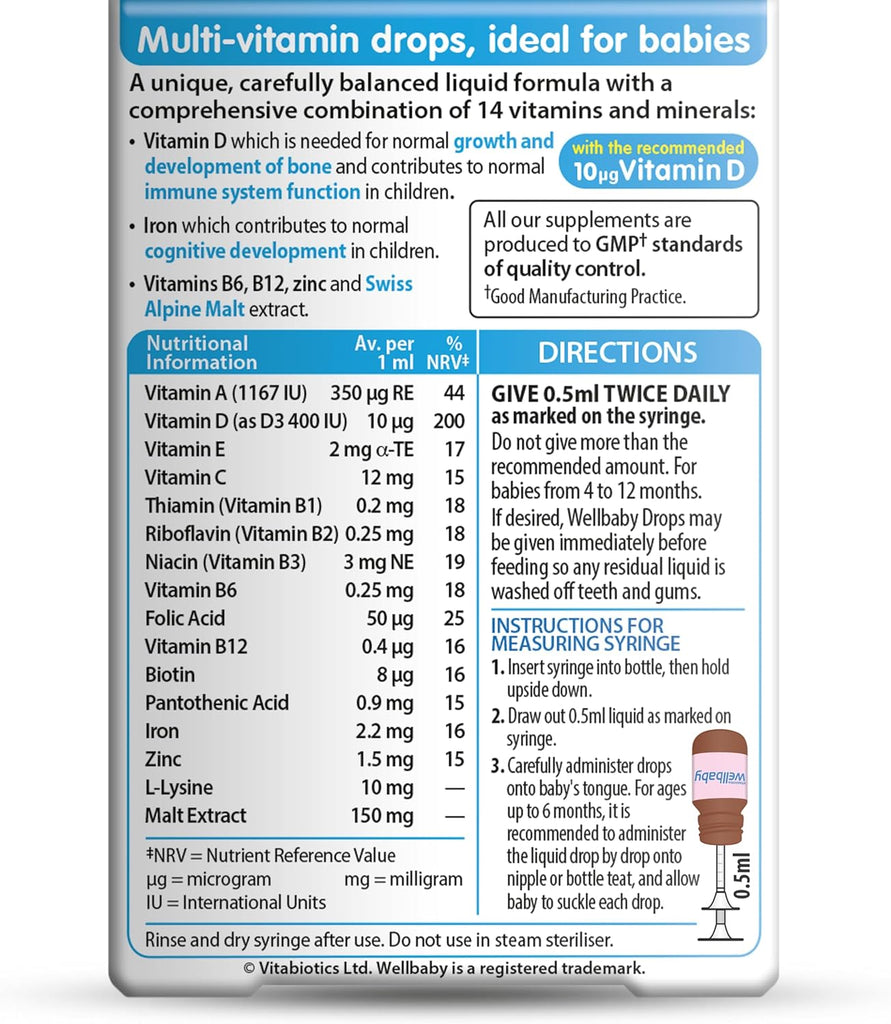 Brand Wellbaby Item for Drop Primary supplement type Vitamins A, C, D, Iron, Zinc, Folic Acid Diet type	Vegetarian Flavour	Malt About this item RECOMMENDED NUTRIENTS: Contains vitamins A, C and D – as recommended by the UK Department of Health.