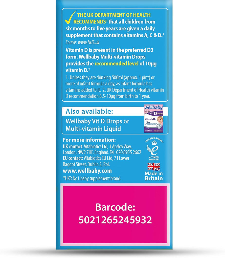 Brand Wellbaby Item for Drop Primary supplement type Vitamins A, C, D, Iron, Zinc, Folic Acid Diet type	Vegetarian Flavour	Malt About this item RECOMMENDED NUTRIENTS: Contains vitamins A, C and D – as recommended by the UK Department of Health.