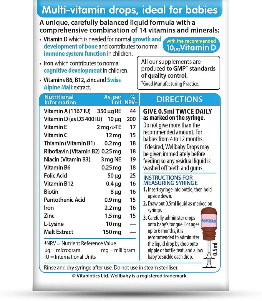 Brand Wellbaby Item for Drop Primary supplement type Vitamins A, C, D, Iron, Zinc, Folic Acid Diet type	Vegetarian Flavour	Malt About this item RECOMMENDED NUTRIENTS: Contains vitamins A, C and D – as recommended by the UK Department of Health.