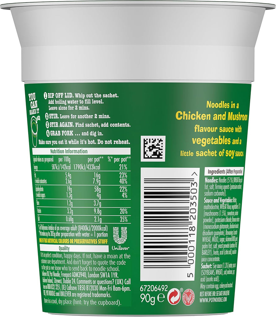 Pot Noodle Chicken & Mushroom instant vegetarian snack quick to make noodles Instant Noodle 12x 90 g