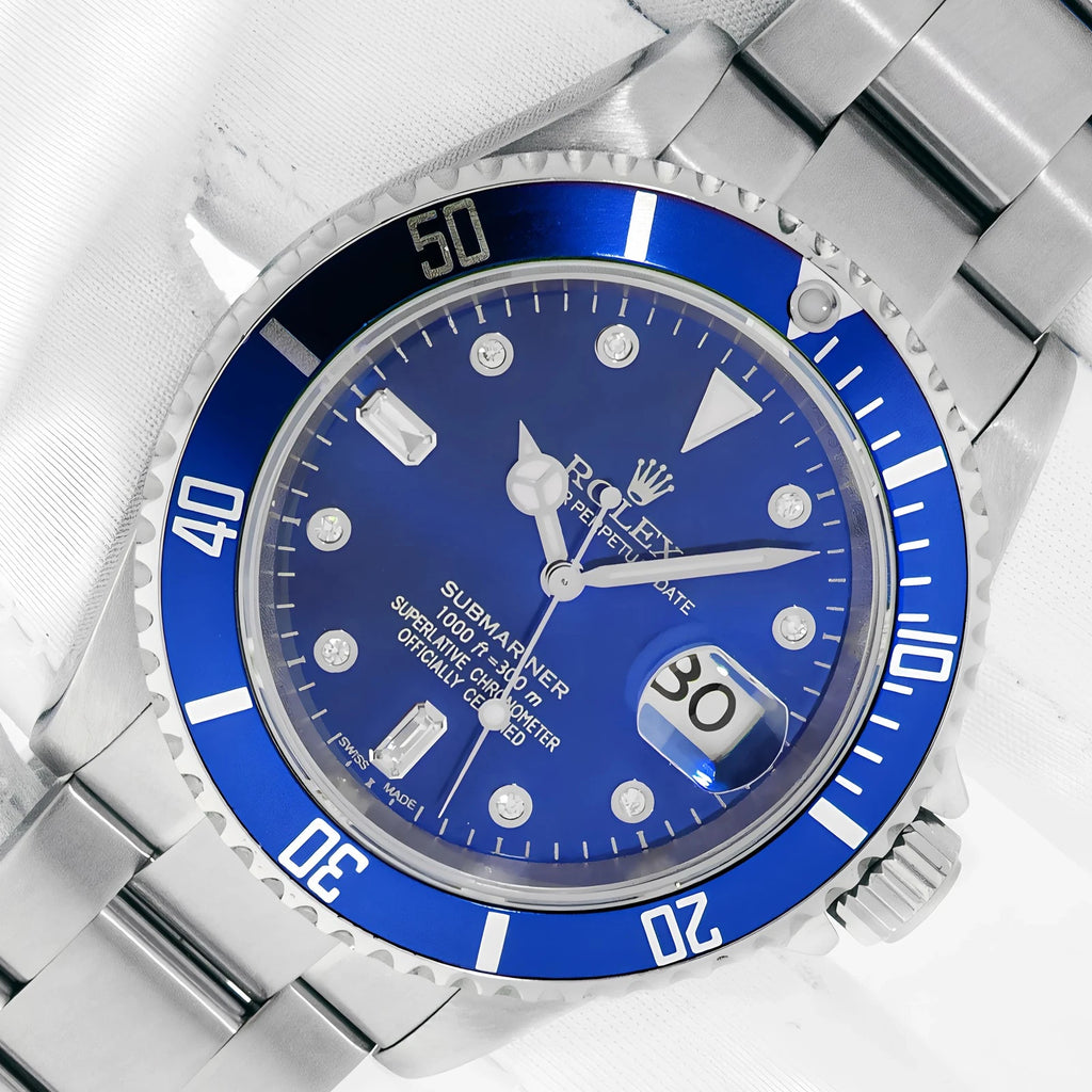 Rolex Submariner Date Stainless Steel Watch with Blue Diamond Dial and Blue Bezel