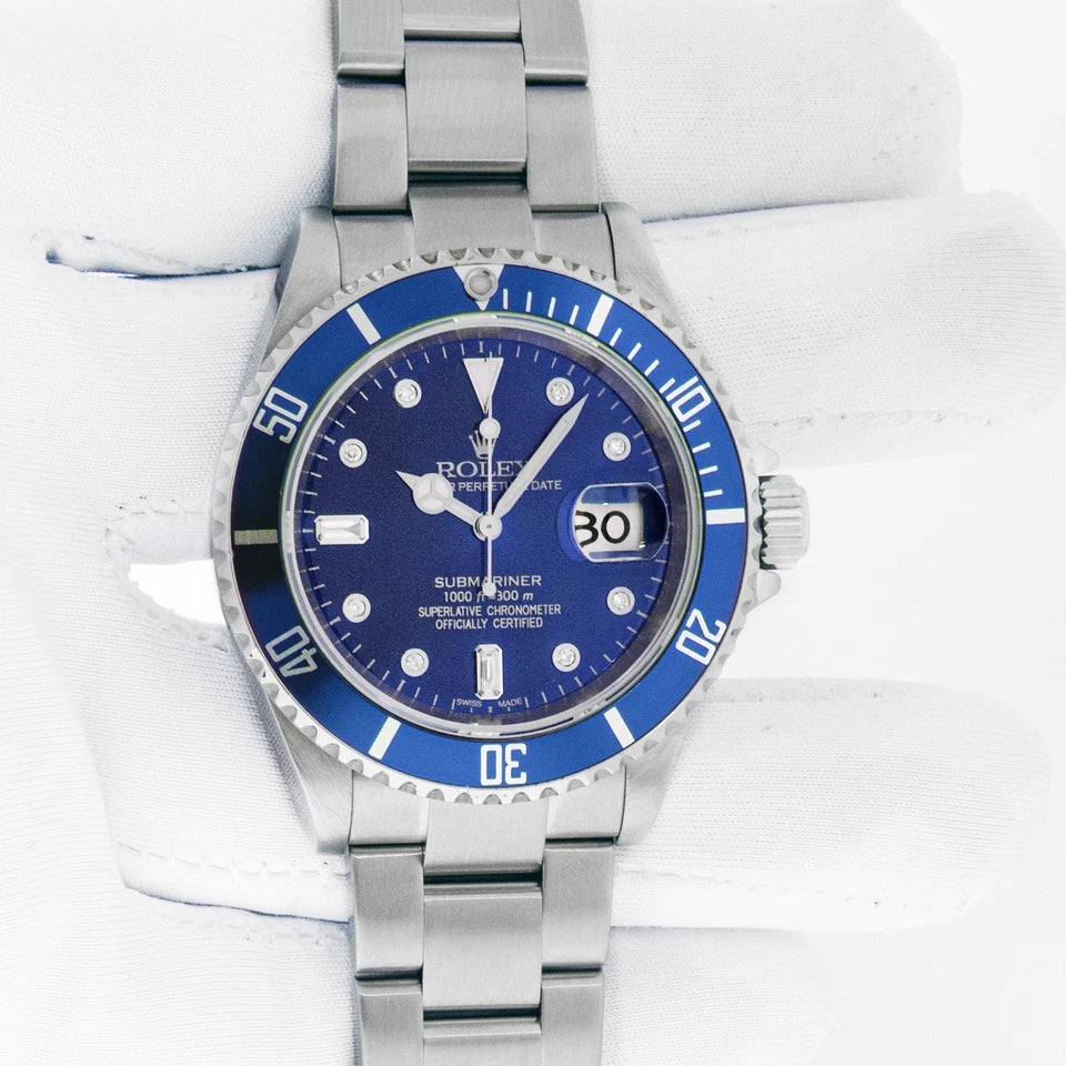 Rolex Submariner Date Stainless Steel Watch with Blue Diamond Dial and Blue Bezel