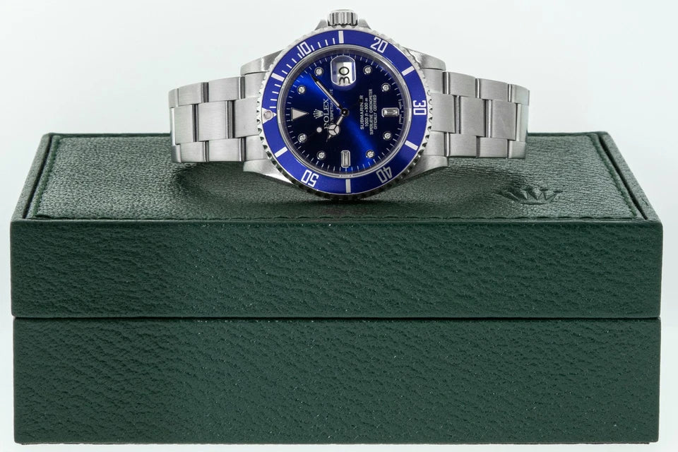 Rolex Submariner Date Stainless Steel Watch with Blue Diamond Dial and Blue Bezel