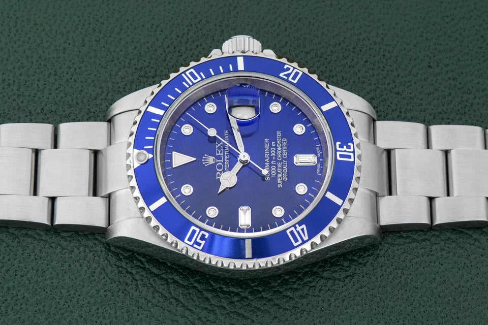 Rolex Submariner Date Stainless Steel Watch with Blue Diamond Dial and Blue Bezel