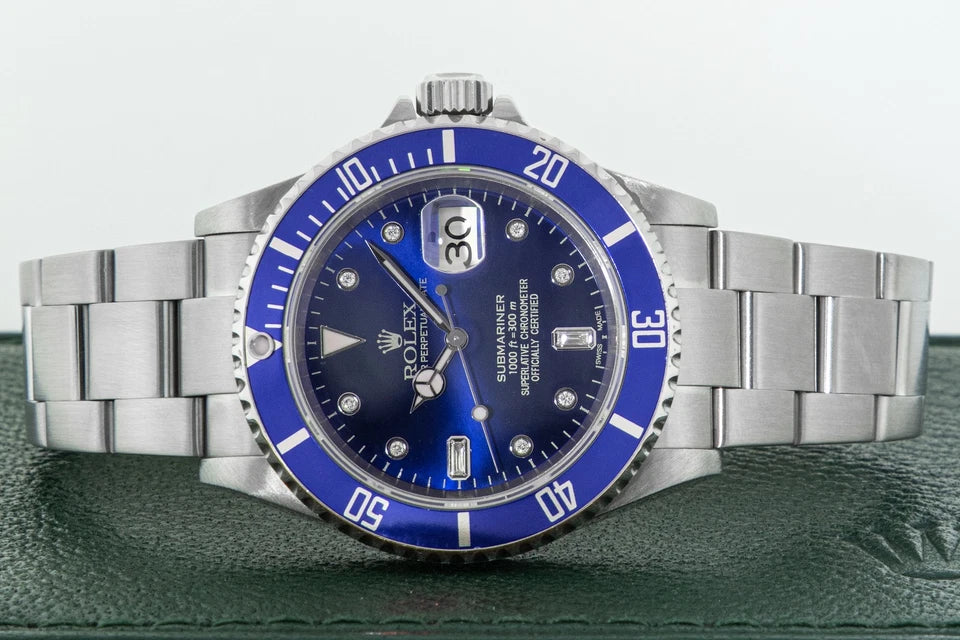 Rolex Submariner Date Stainless Steel Watch with Blue Diamond Dial and Blue Bezel