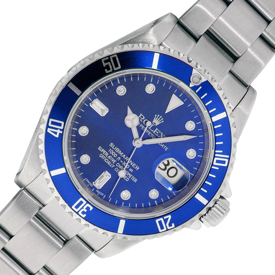 Rolex Submariner Date Stainless Steel Watch with Blue Diamond Dial and Blue Bezel